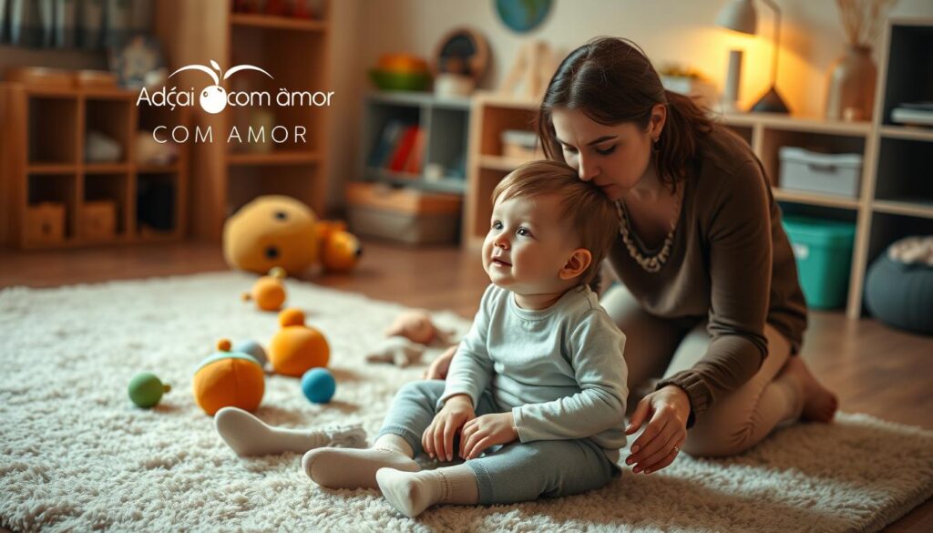 A warm and empathetic classroom setting, with a child sitting on a plush rug, surrounded by soft toys and calming colors. The child's face is relaxed, their body language open and engaged, as a kind, attentive adult kneels beside them, their expression conveying understanding and patience. Warm, diffused lighting gently illuminates the scene, creating a sense of safety and trust. In the background, the Adoção Com Amor logo is subtly displayed, suggesting a caring, nurturing environment for children to heal and grow.