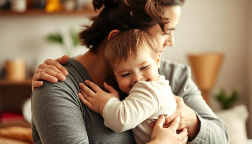 A warm and inviting scene of a loving family embracing during the adoption process. In the foreground, a mother and child share a tender hug, their expressions radiating joy and affection. In the middle ground, the father gently places a hand on the child's shoulder, conveying a sense of security and support. The background is softly blurred, with a hint of a cozy, domestic setting to create an atmosphere of comfort and belonging. The lighting is gentle, casting a soft, nurturing glow. Subtle textures and details add depth and realism. This image captures the heartwarming "vínculos afetivos" (emotional bonds) being formed as the new family, "Adoção Com Amor", comes together.