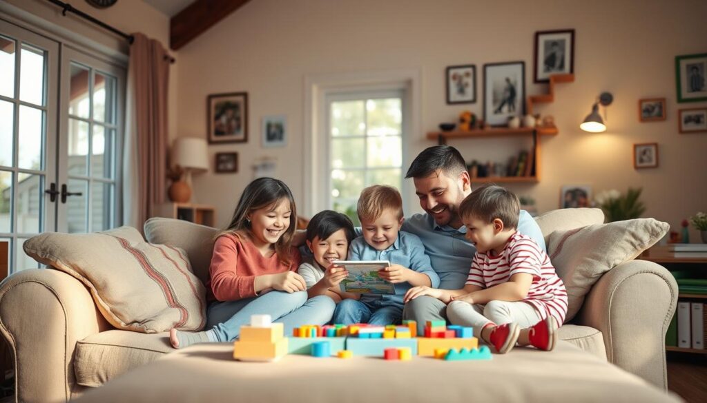 Warm, cozy home interior with a cheerful, inviting atmosphere. In the foreground, a loving adoptive family - a mother, father, and two adopted children - seated together on a plush sofa, engaged in a board game or other interactive activity. Soft, natural lighting filters in through large windows, casting a gentle glow. In the middle ground, toys, books, and other child-friendly elements create a nurturing, structured environment. The background features personalized décor, family photos, and other touches that convey a sense of security, stability, and a well-established daily routine.