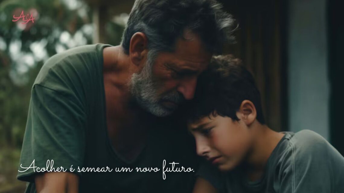 Criança e adulto de mãos dadas em um jardim, simbolizando o acolhimento e a reconstrução de laços familiares após anos em abrigo.