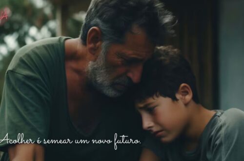 Criança e adulto de mãos dadas em um jardim, simbolizando o acolhimento e a reconstrução de laços familiares após anos em abrigo.