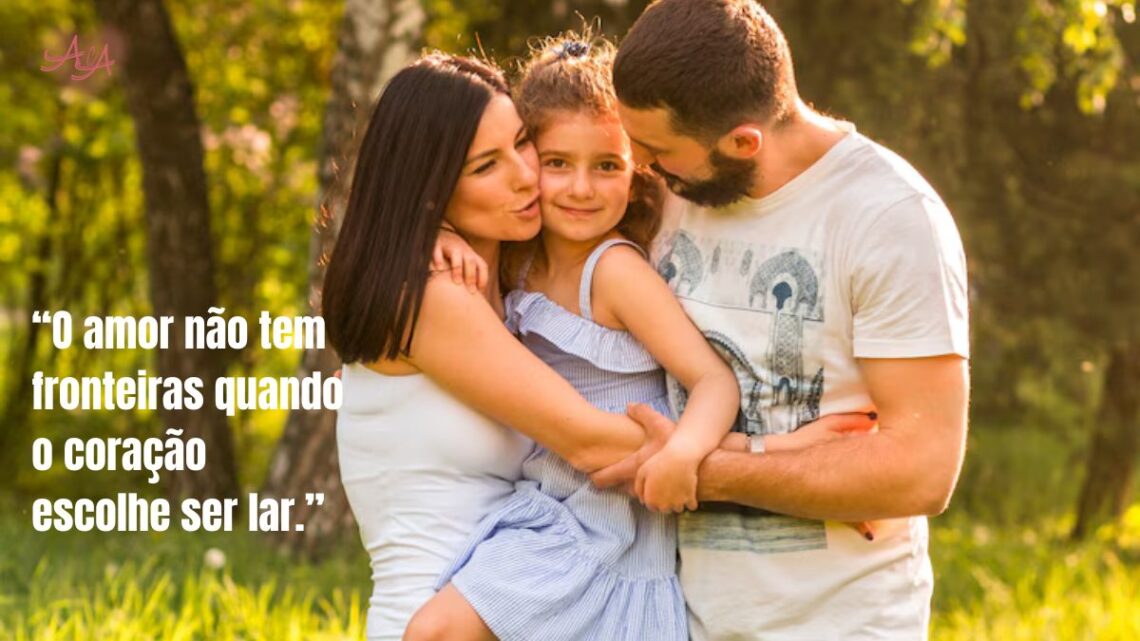 Família internacional abraçando criança adotiva brasileira com amor e alegria