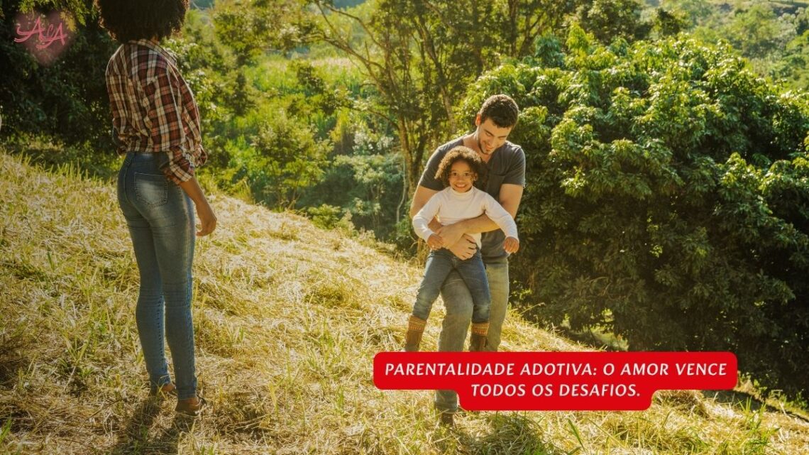 Um mosaico de fotos de famílias diversas, com pais e filhos de diferentes idades e etnias sorrindo, simbolizando os desafios e superações na parentalidade adotiva.
