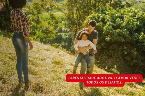 Um mosaico de fotos de famílias diversas, com pais e filhos de diferentes idades e etnias sorrindo, simbolizando os desafios e superações na parentalidade adotiva.
